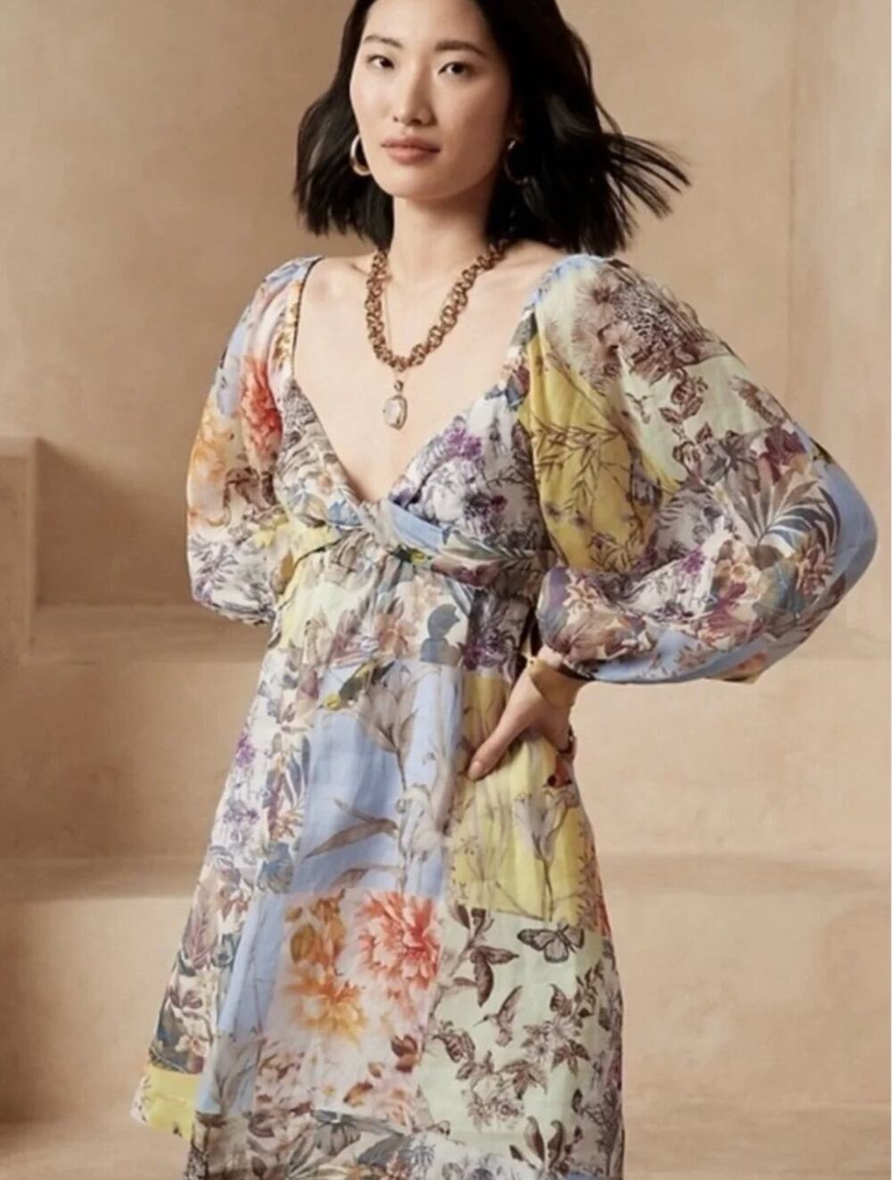 Banana Republic Womens XL Tall Multi Floral Ramie Patchwork Mini Dress NEW